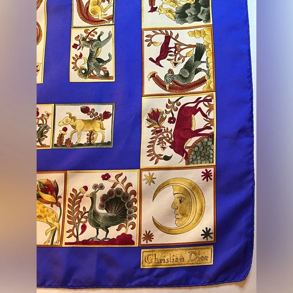Christian Dior Silk Scarf Vtg Tree of Life Unicorn Animals Sun Moon HR 34 x 34